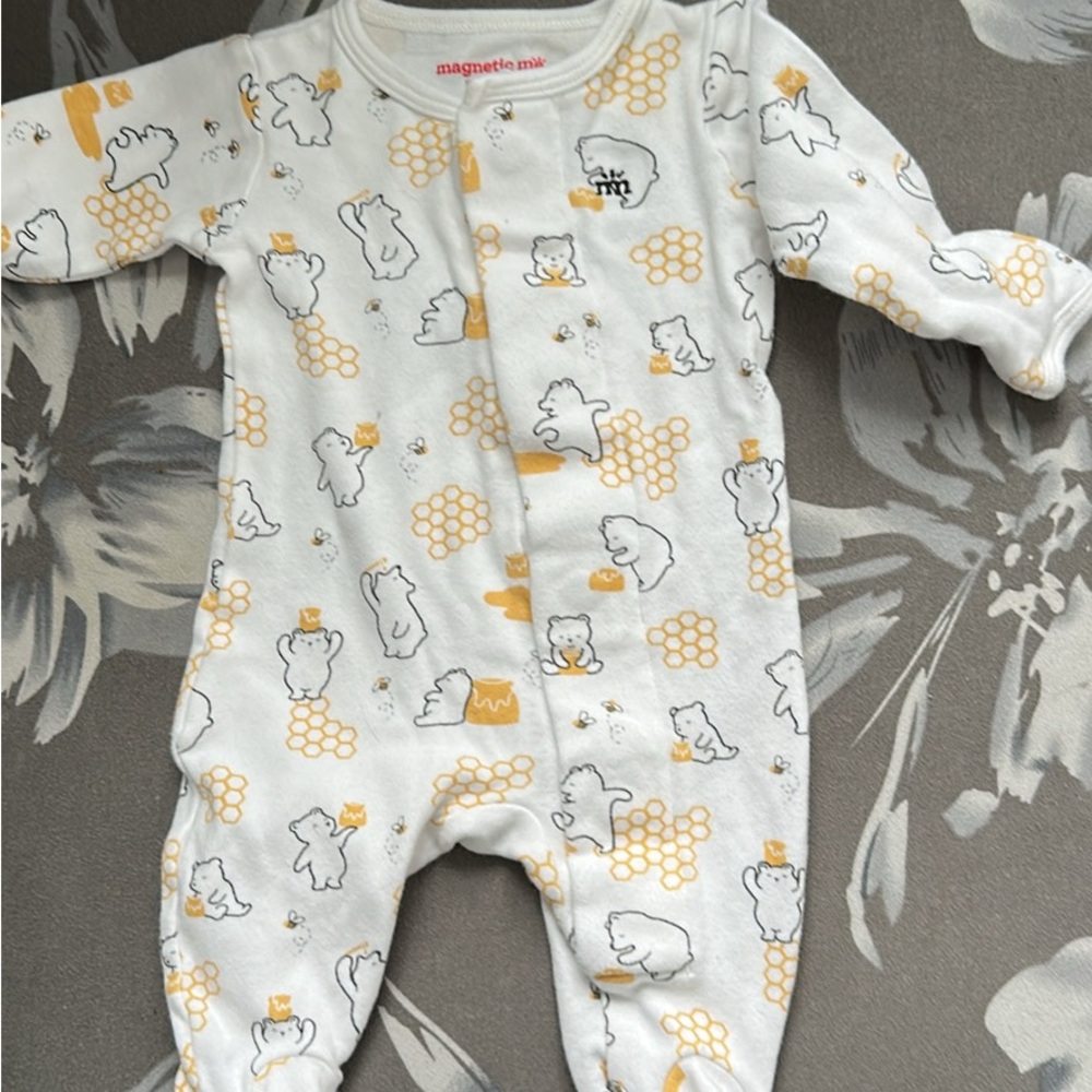 Magnetic Me White Footie with Yellow Honeybear Print